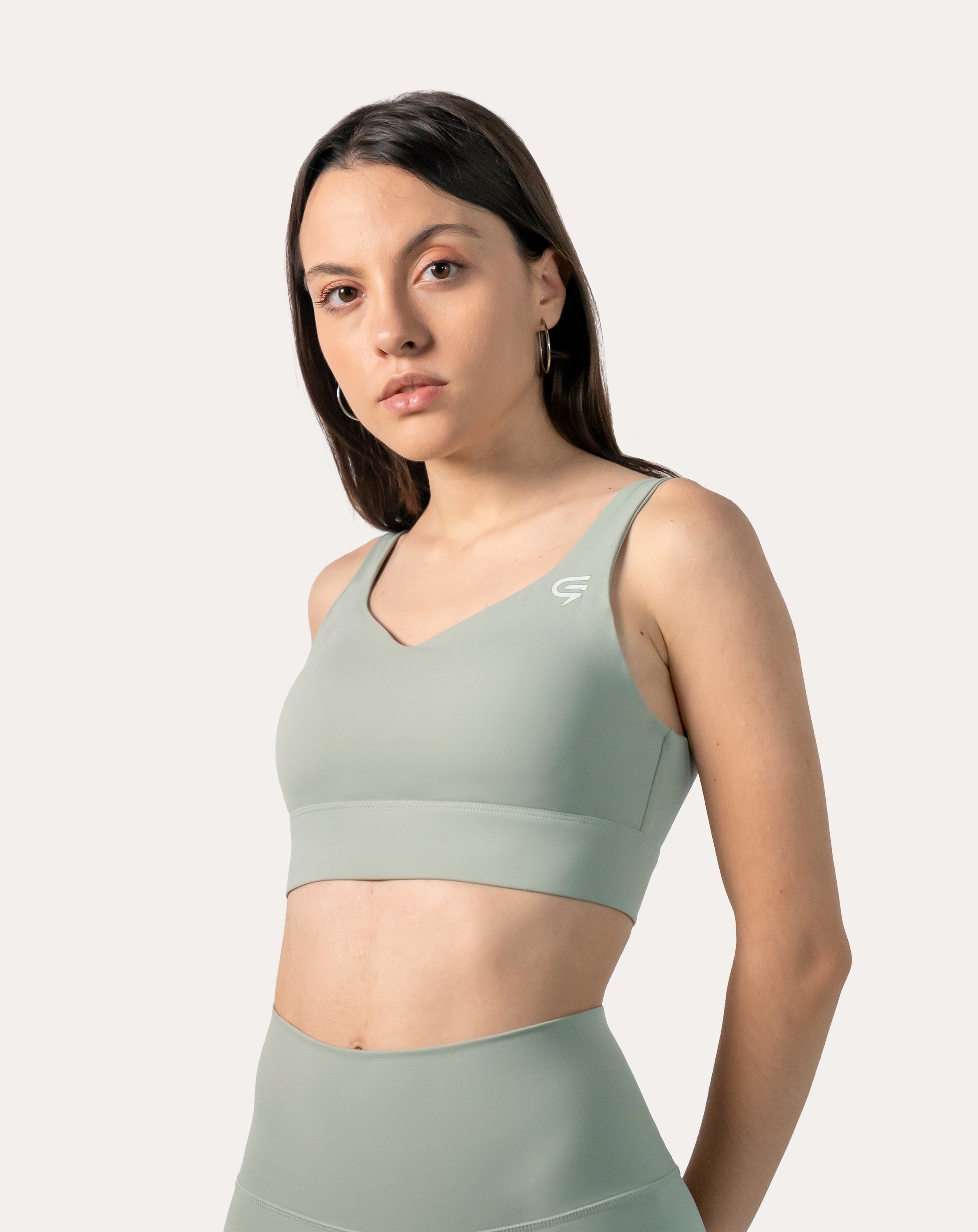 V Neck Sports Bra | Hook-Back High Support Sage
