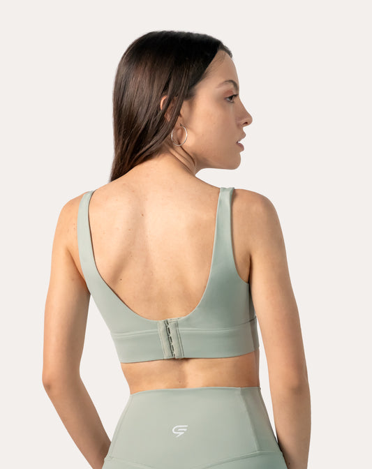 V Neck Sports Bra | Hook-Back High Support Sage