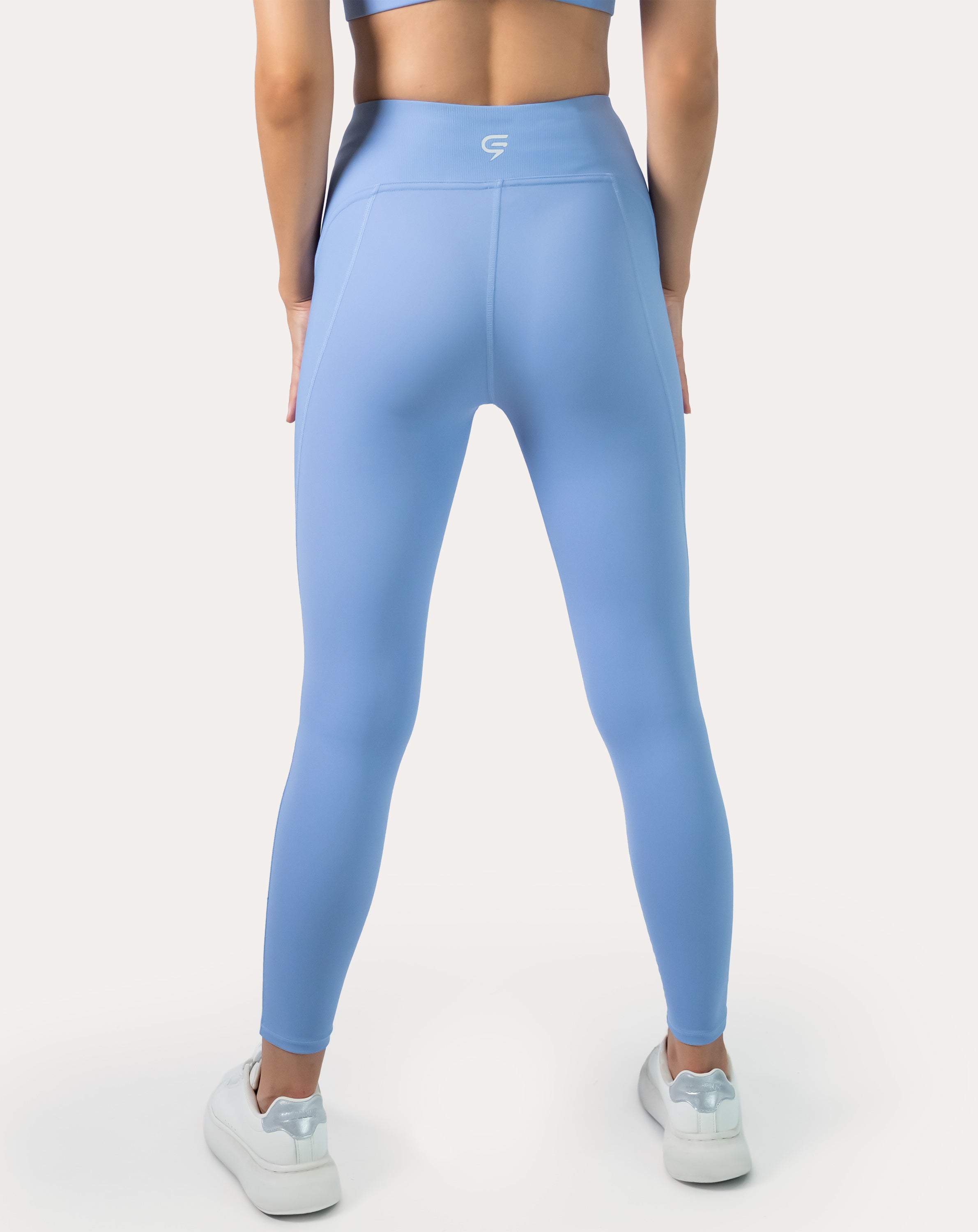 Blue gym set leggings back detail showing high-waist sculpting and smooth seams