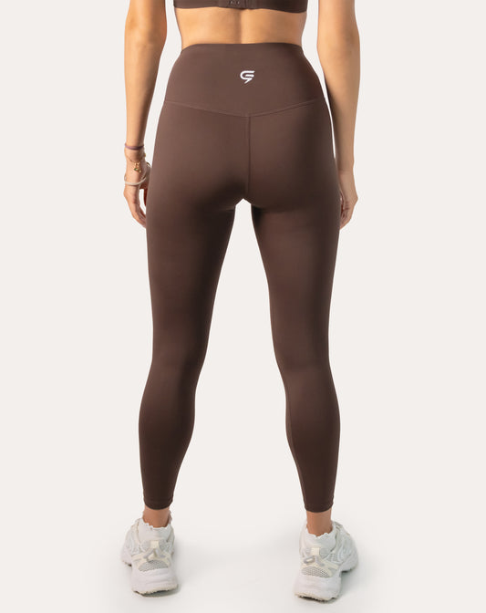 Chocolate brown sports leggings; back waistband logo detail at centre back