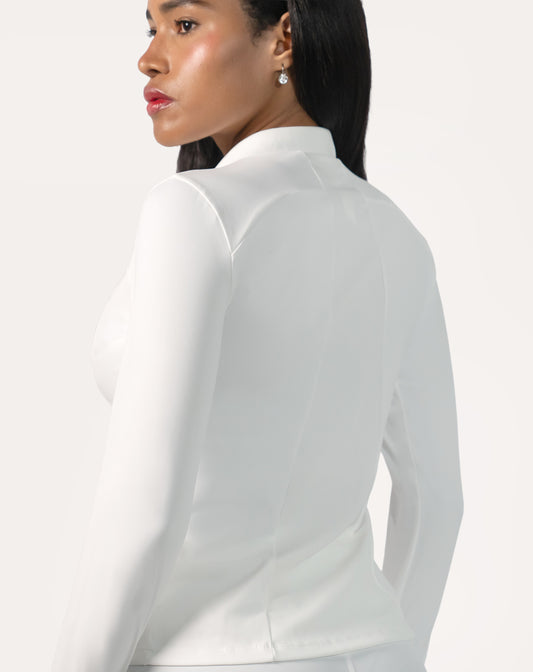 Arctic white gym jacket for women, full back view showing streamlined fit