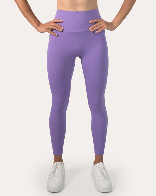 Lilac Pilates leggings; waist-to-ankle close-up showing the supportive high-waist