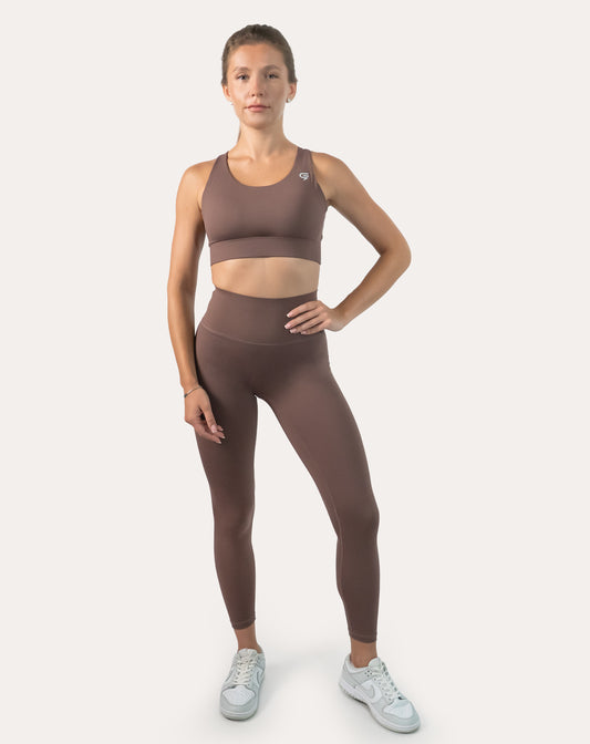 Front view of mocha gym set showing scoop bra and sculpting high-waist leggings