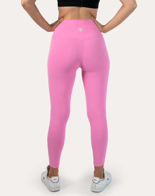 Pink compression leggings with high-waist; straight back view