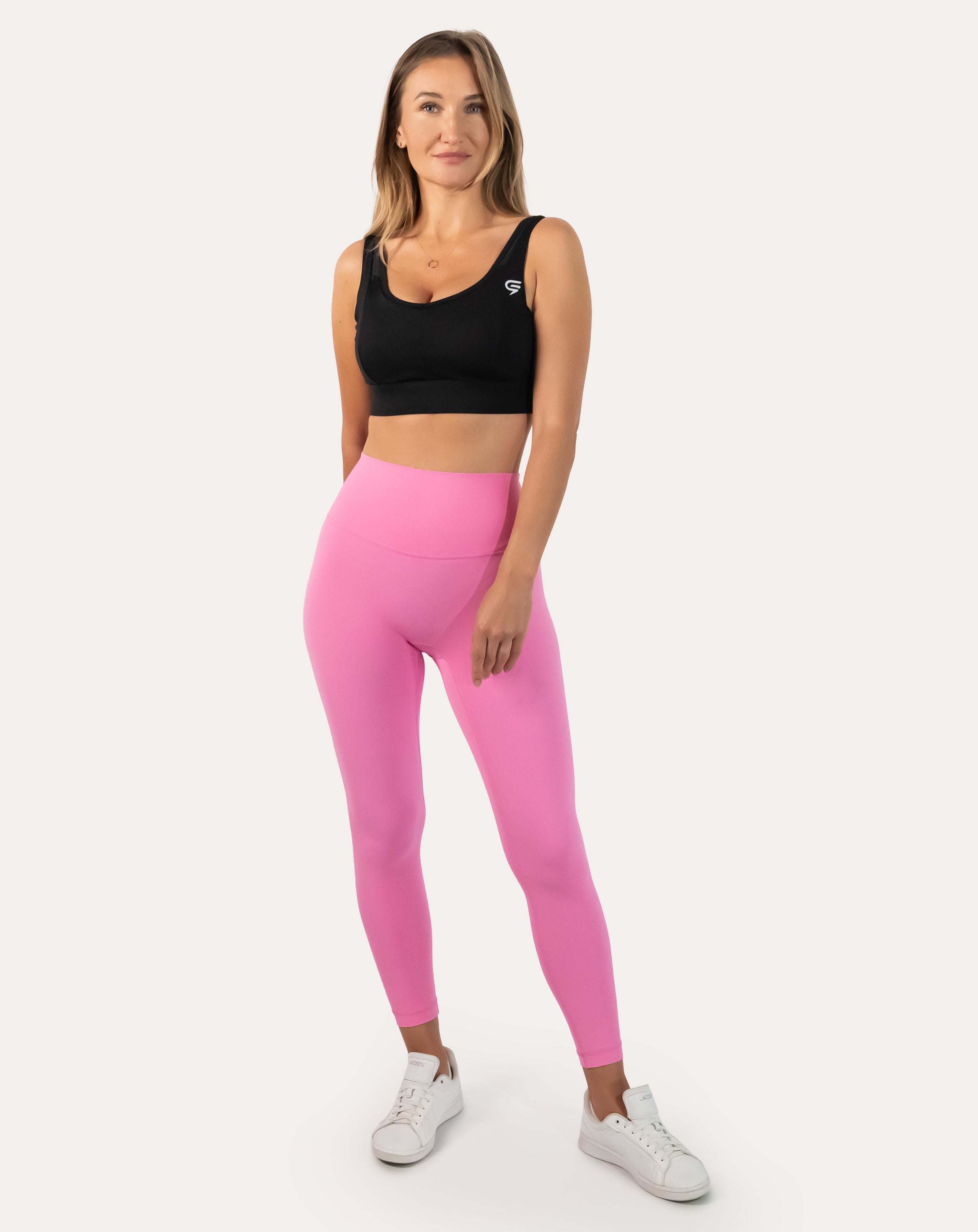 Pink compression leggings with high-waist; front view, squat-proof coverage