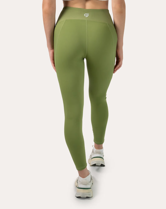 Sage green yoga leggings with V-shaped high waist; back view with squat-proof coverage