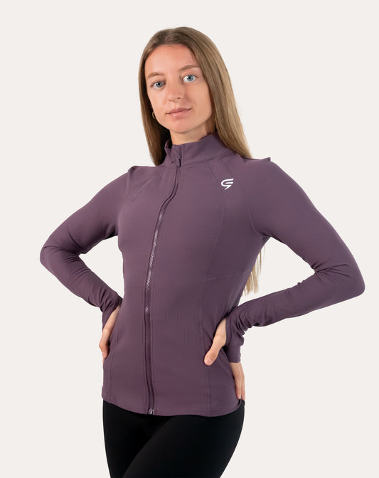 Slate-lavender women’s training jacket, full-zip front view, longline fit shown head-to-toe
