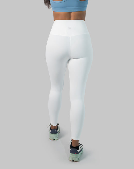 White gym leggings with high waist; back right three quarter view showing smooth seams