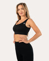 Right side profile of black high support sports bra highlighting supportive underband