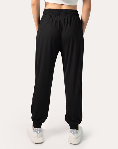 Back view of women’s black joggers featuring high waist and cuffed ankle finish