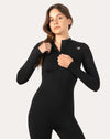 Close-up of zip neck and neckline seam on black long-sleeve women’s jumpsuit