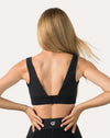 Back view of black running sports bra with deep V and adjustable hook-back closure