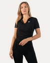 Black short sleeve gym top for women, straight front view with wrap-front hoodie design