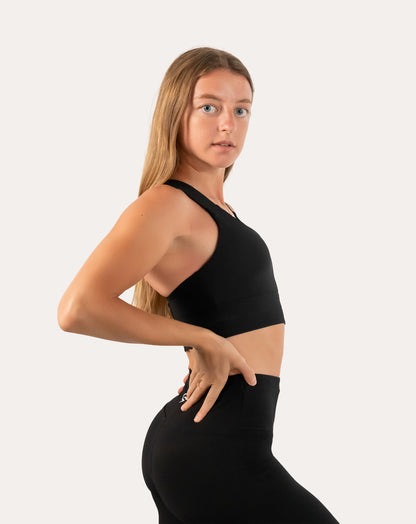 Left side profile of black sports bra highlighting seamless knit and wide underband