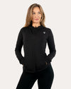 Full-length front view of black women’s zip-up jacket showing streamlined silhouette