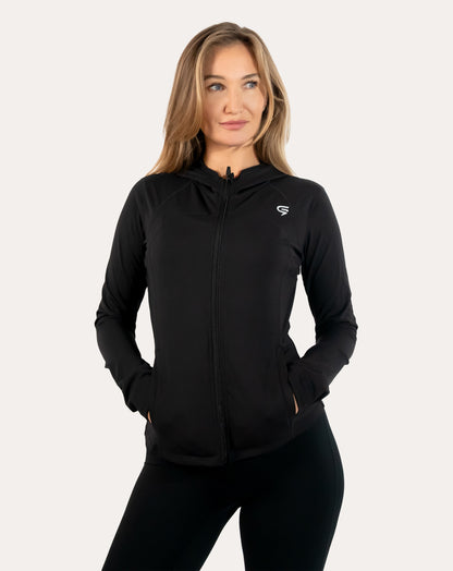Full-length front view of black women’s zip-up jacket showing streamlined silhouette