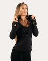 Front view of black women’s zip-up jacket showing slim fit and stand collar