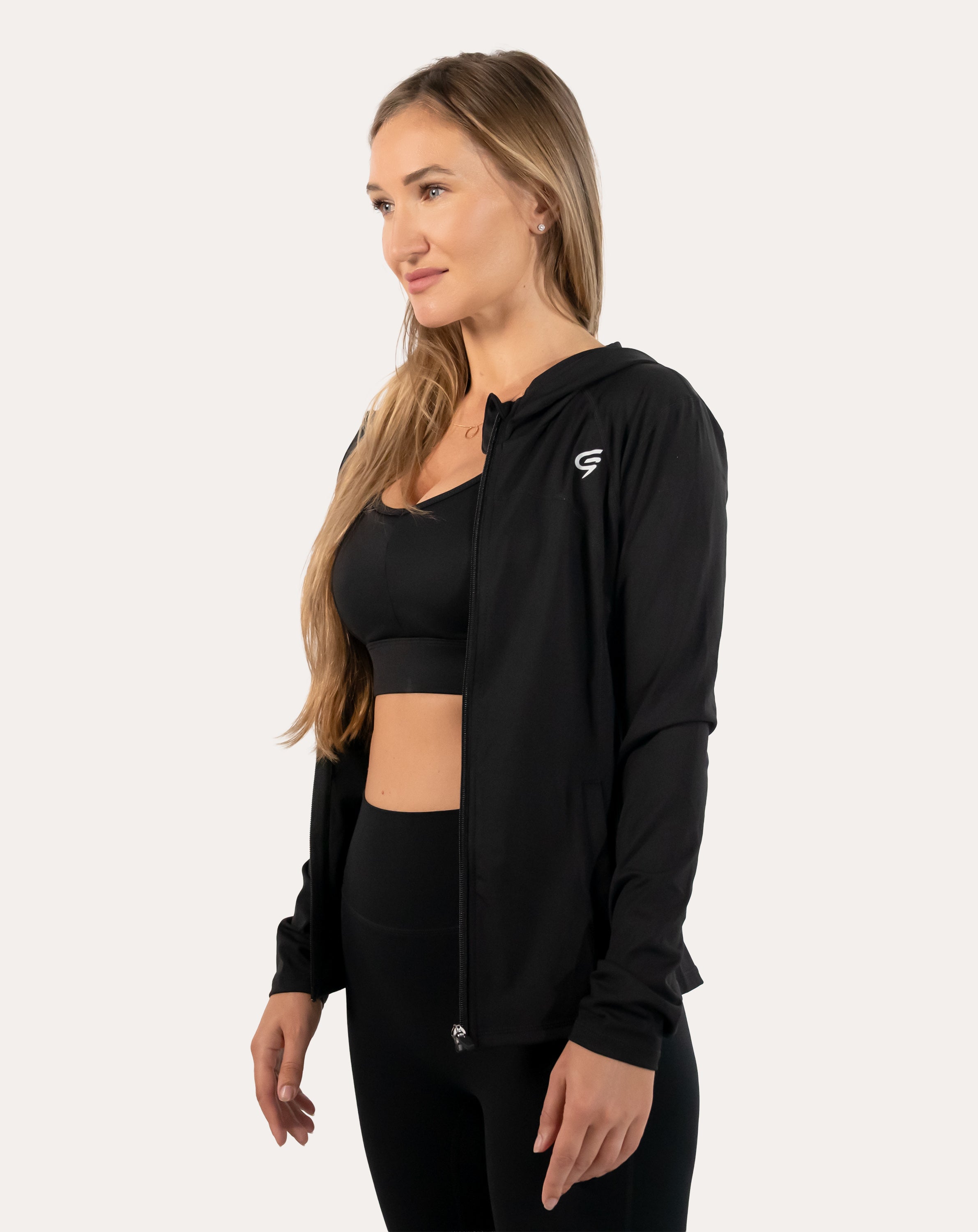 Right side profile of black women’s zip-up jacket showing waist shaping and cuff