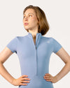 Blue sports jumpsuit; close-up of the zip front and collar