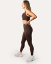 Right side profile of cocoa brown gym set with high-waist leggings and supportive bra
