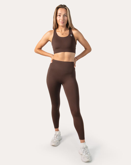 Cocoa brown gym set, full front view with racerback bra and high-waist leggings