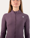 Close-up of slate-lavender women’s training jacket showing stand collar and zipped front
