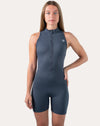 Deep blue women’s jumpsuit with zip front; front view, shorts length