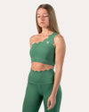 3/4 front of emerald green gym set with one-shoulder scallop bra and high-waist leggings