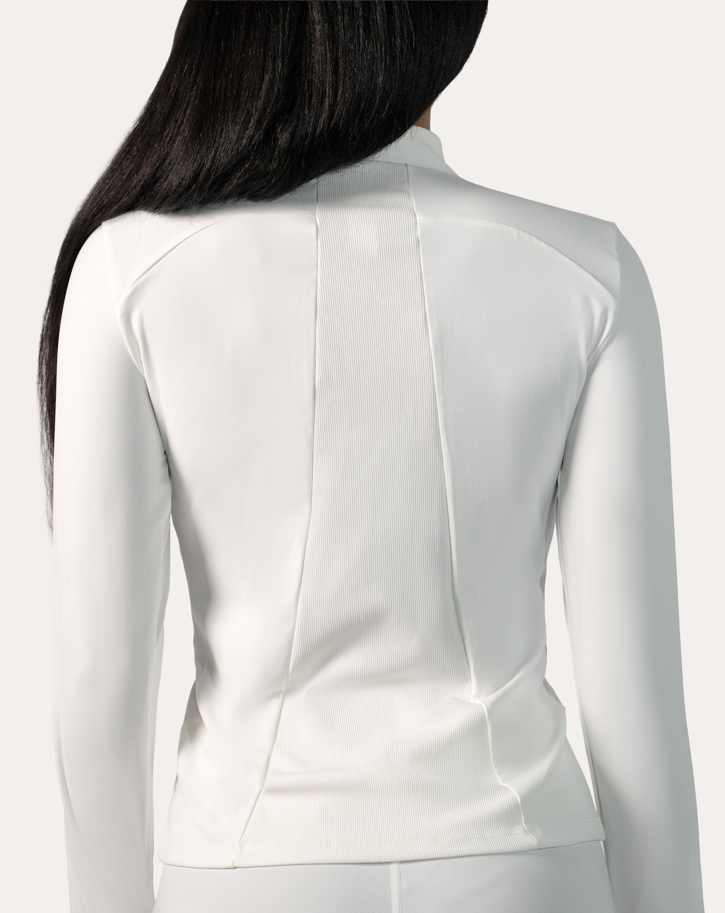 Arctic white gym jacket for women, close-up of ribbed back panel for breathability