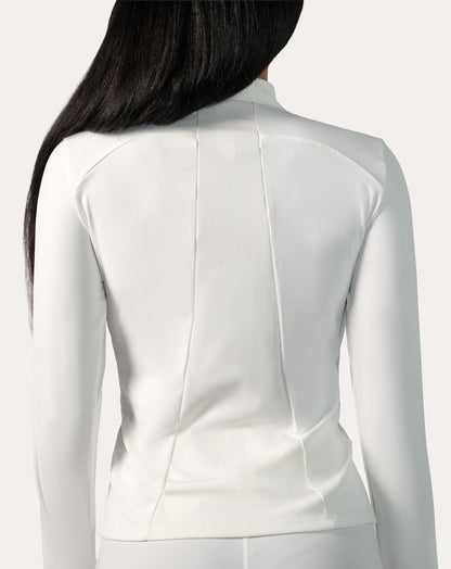 Arctic white gym jacket for women, close-up of ribbed back panel for breathability