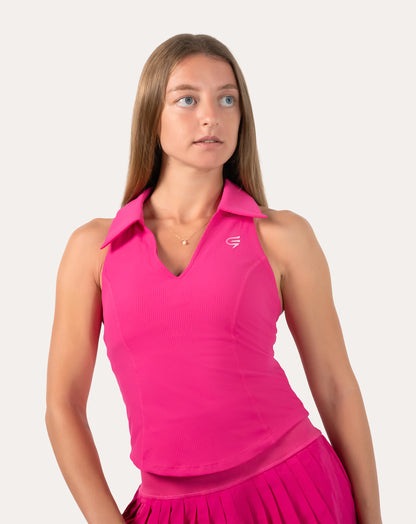 Front view of hot pink gym tank top with breathable V-neck and ribbed finish