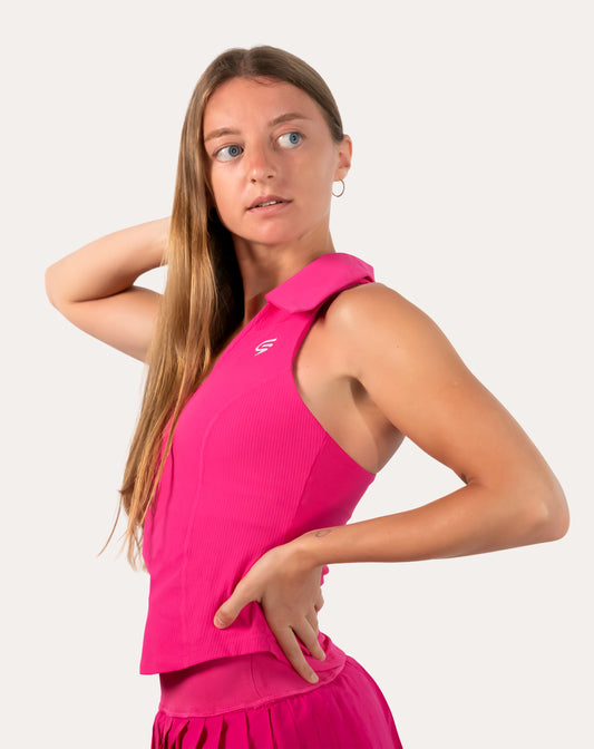 Hot pink gym tank top in three-quarter front pose showing ribbed quick-dry fabric