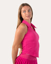Side profile of hot pink gym tank top with collared V-neck and smooth seams