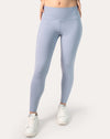 Cropped front view of ice blue leggings with phone pocket and smooth front panel