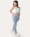 Front three-quarter view of ice blue leggings with phone pocket and light-compression fit