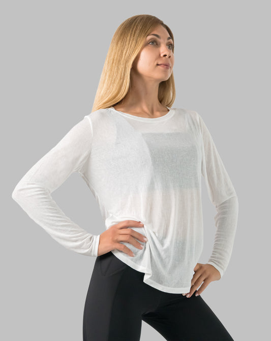 Side profile of white ladies long sleeve gym top with semi-sheer fabric and relaxed drape