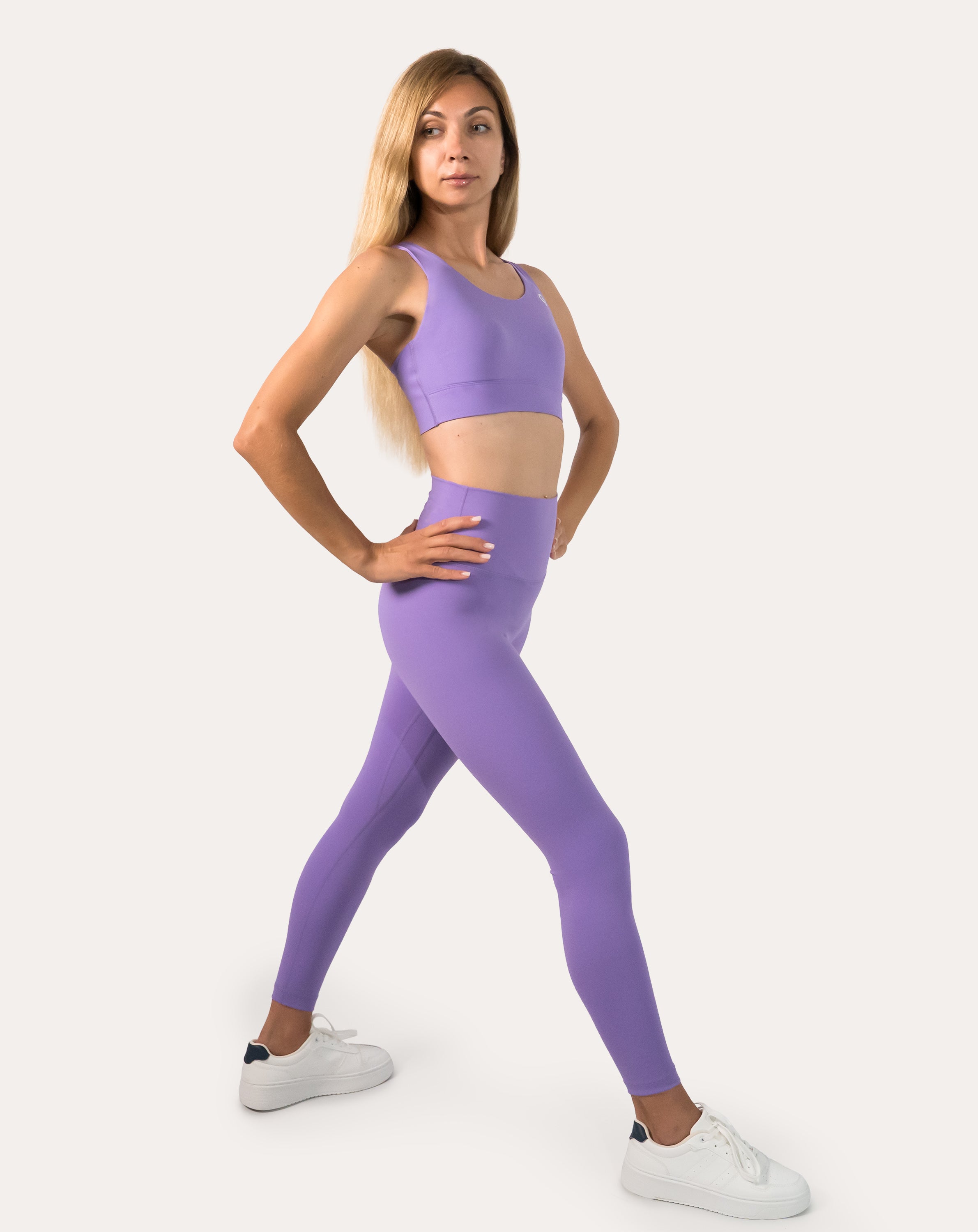 Side view of lilac gym set with racerback bra and squat-proof high-waist leggings
