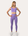 Women’s lilac gym set, straight-on: scoop-neck sports bra with high-waist leggings