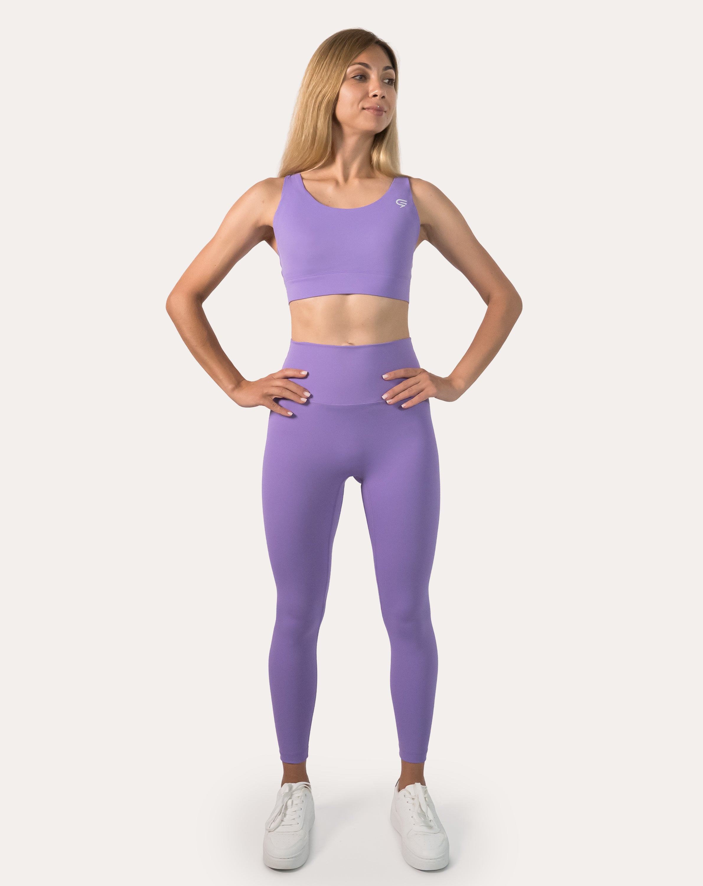 Women’s lilac gym set, straight-on: scoop-neck sports bra with high-waist leggings