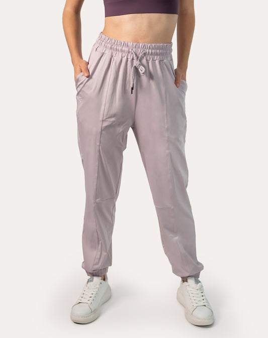 Lilac joggers for women, front detail showing high-rise smocked waistband and drawcord