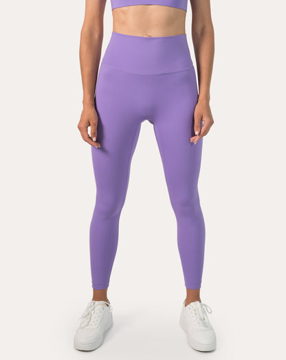 Lilac Pilates leggings with high-waist; front view cropped from torso to ankles