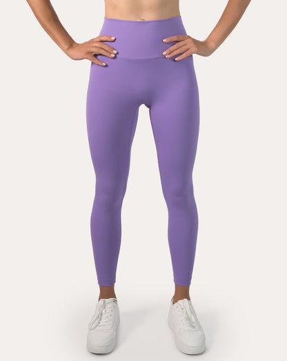 Lilac Pilates leggings; waist-to-ankle close-up showing the supportive high-waist