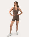 Mocha brown women’s sportswear jumpsuit; left three quarter view