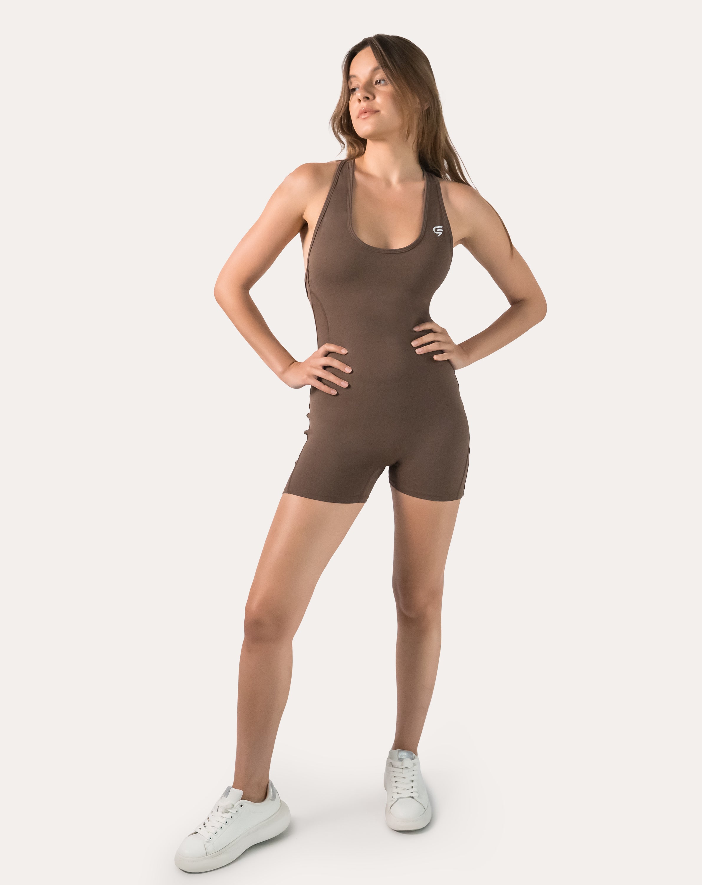 Mocha brown women’s sportswear jumpsuit; left three quarter view