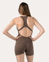 Mocha brown women’s sportswear jumpsuit with racerback; straight back view