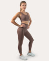 3/4 front of mocha gym set with clasp-back racer bra and high-waist leggings