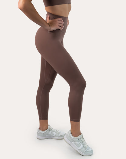 Side close-up of mocha gym set leggings with high waistband and streamlined seams