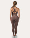 Back view of mocha gym set with racerback clasp-back bra and smooth seams