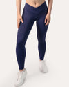 Navy scrunch bum leggings with crossover V-waist; front view, ankle length