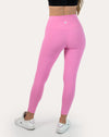 Pink compression leggings with high-waist; back three quarter view